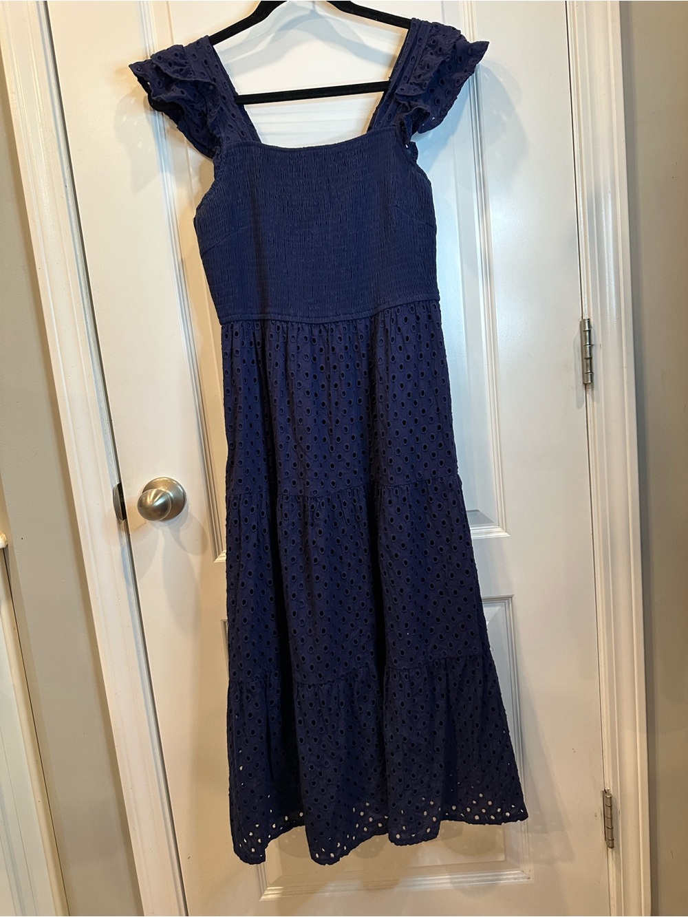 Navy Eyelet Midi Dress with Ruffle Straps